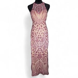 Allie Blu Pink/Cream Sequin Halter Backless Lace-up  Bodycon Formal Prom Dress